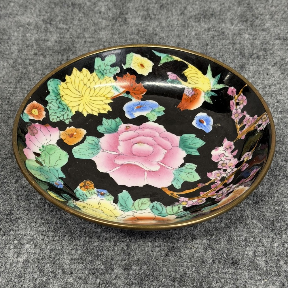 VTG 60s Japanese Porcelain Bowl Floral Brass Backed 7 1/8" Hong Kong Decor